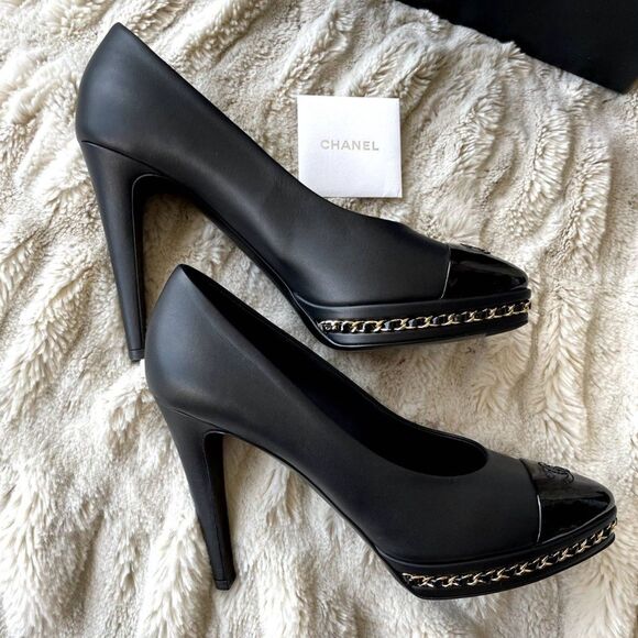 Black Chanel Leather Platform Pumps 38.5 / US 8.5 - Picture 5 of 11